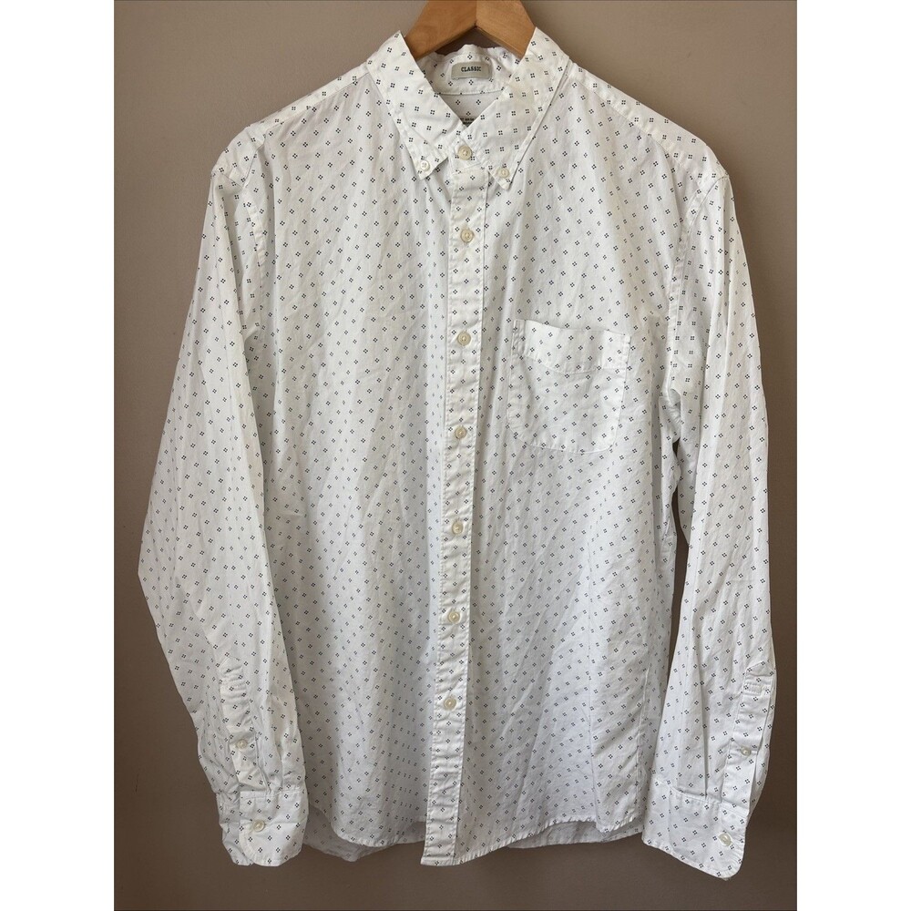 J.Crew Classic Fit Shirt Mens L White Printed Button Up Long Sleeve Cotton